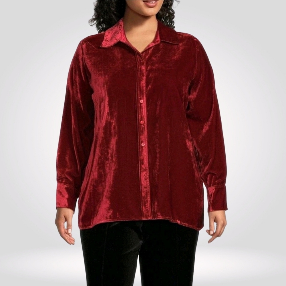 John Mark Women's Velvet Button Front Long-Sleeve Shirt Red Tunic Holiday Size M